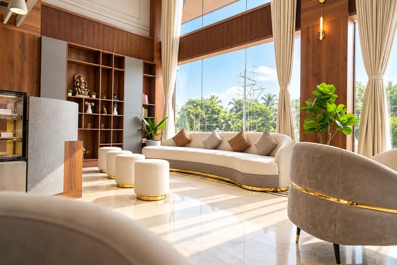 Double-height sunlit grand lobby with curved sofas and warm wood finishes at Hotel Pumerai Honnavar